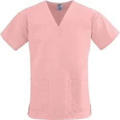 ComfortEase™ Ladies Two-pockets V-neck Scrub Tops; Pink, XS